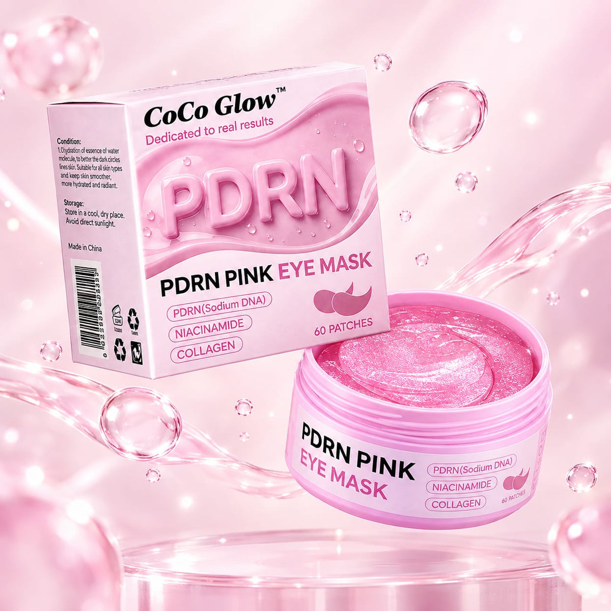 CoCo Glow PDRN Pink Eye Mask jar open showing gel texture