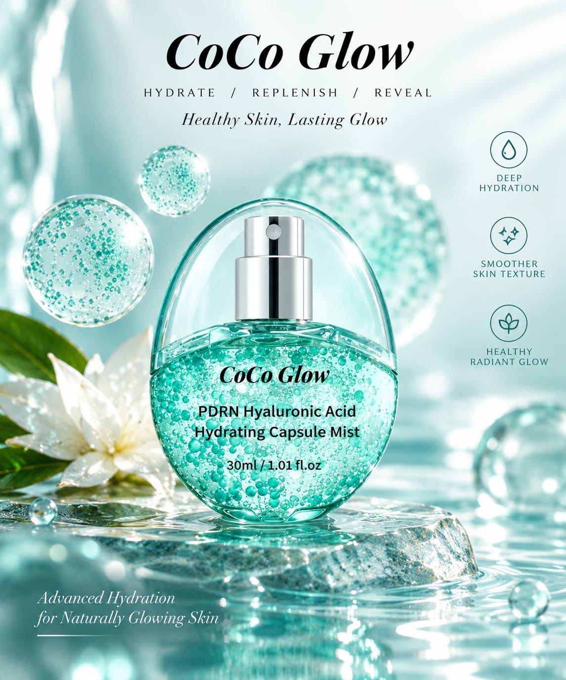 CoCo Glow PDRN Capsule Mist floating in water