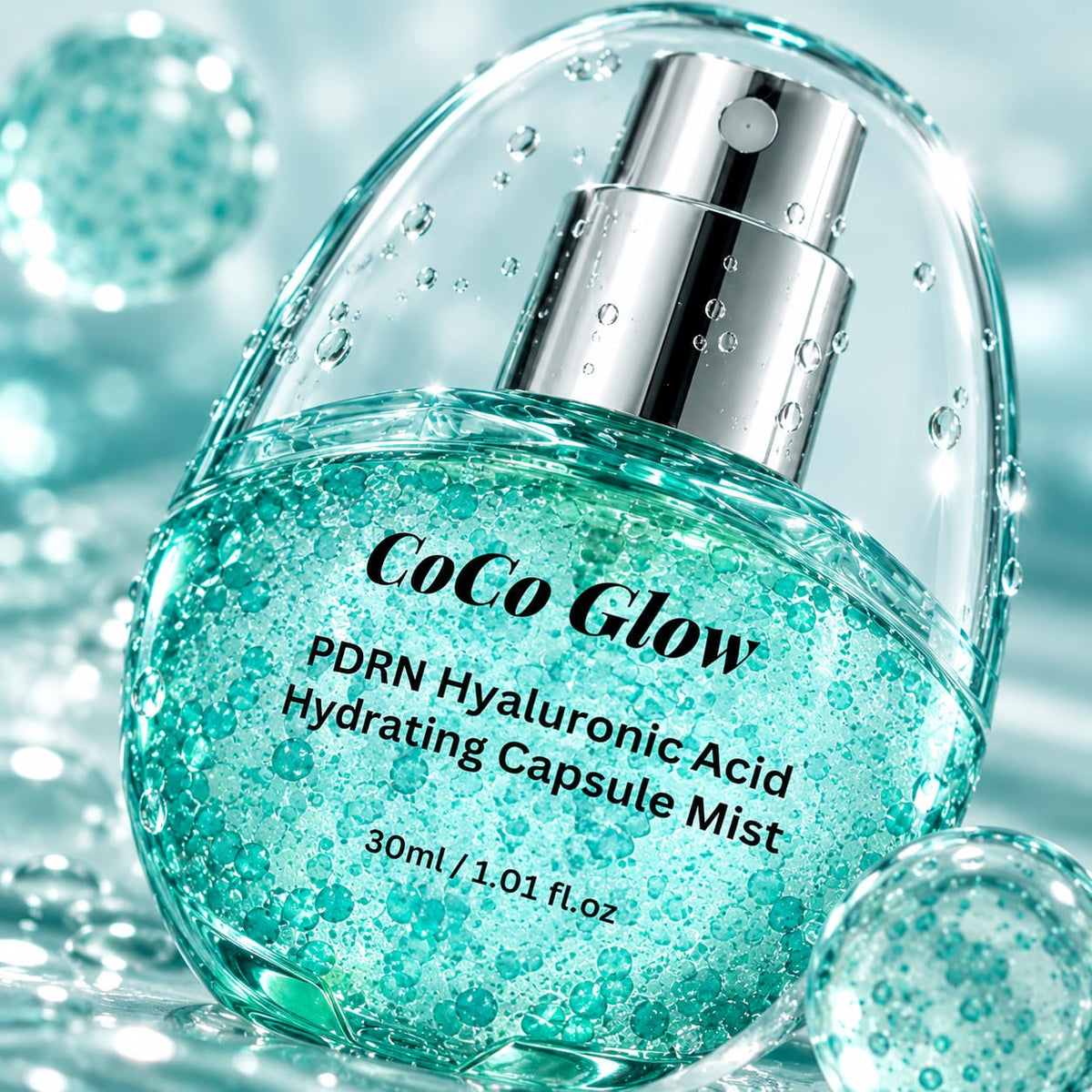 CoCo Glow PDRN Capsule Mist close-up of bottle with capsules